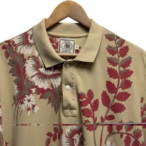 J. Press Mens Size XL Khaki/Red Floral Pique Cotton Knit S/S Polo Shirt Peru euc